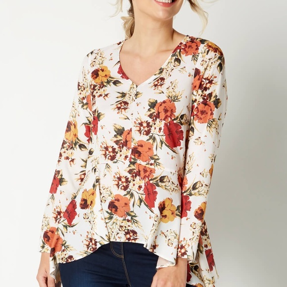 Eden & Olivia Cream and Red Asymmetrical Cuffed Sleeve Blouse - Picture 1 of 6
